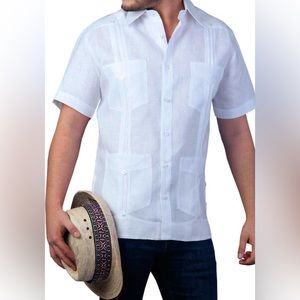 Vintage Guayabera Mexican 4-Pocket Short Sleeve Dress Shirt (100% Cotton)